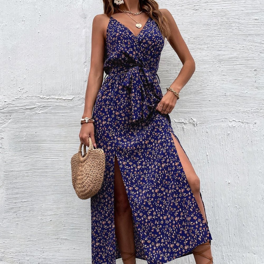 New Ditsy Floral Print Slit Hem Belted Cami Dress Purple